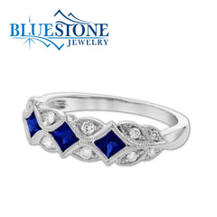 14K Whitge Gold Ring w/ Blue Sapphires and Diamonds(size 7)