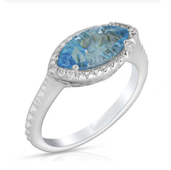 14 Karat White Gold Swiss Blue Topaz and Diamond Ring
