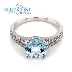 14K White Gold Aquamarine and Diamond Ring- Size 7