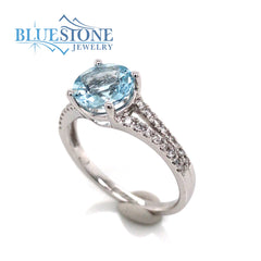 14K White Gold Aquamarine and Diamond Ring- Size 7