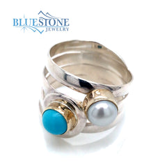 Silver & Gold Ring with Turquoise and Pearl- Ring size 8