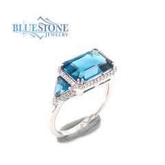 14 Karat White Gold London Blue Topaz and Diamond Ring- size 6.25