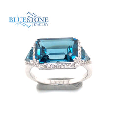 14 Karat White Gold London Blue Topaz and Diamond Ring- size 6.25