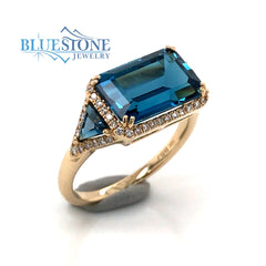 14KYG London Blue Topaz & Diamond Ring- size 7.5