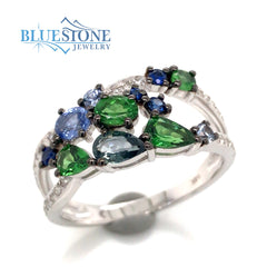 14K White Gold Ring with Sapphires, Tsavorite Garnets and Diamonds