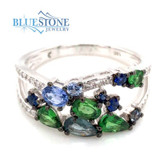 14K White Gold Ring with Sapphires, Tsavorite Garnets and Diamonds