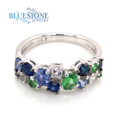 14K White Gold Ring with Sapphires, Tsavorite Garnets and Diamonds