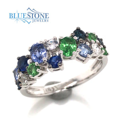 14K White Gold Ring with Sapphires, Tsavorite Garnets and Diamonds