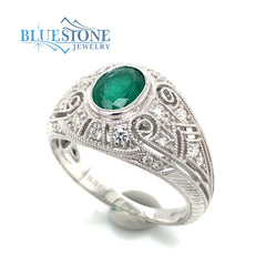 14kt White Gold Emerald & Diamond Ring- Size 6.75