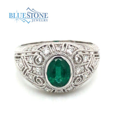14kt White Gold Emerald & Diamond Ring- Size 6.75