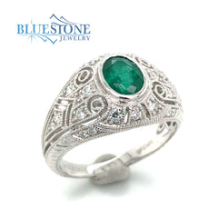 14kt White Gold Emerald & Diamond Ring- Size 6.75