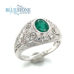 14kt White Gold Emerald & Diamond Ring- Size 6.75
