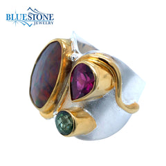 Silver & Gold Ring w/Opal, Garnet and Green Topaz- Size 6.75