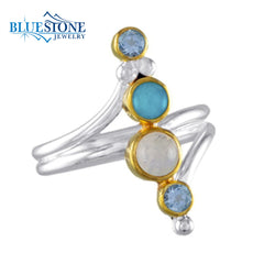 Silver & Gold Ring w/ Moonstone, Amazonite & Topaz- Size 7.75