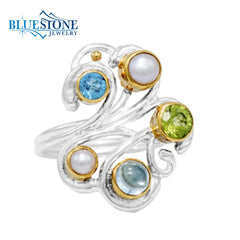 Silver & Gold Ring with Topazes, Pearl, Peridot- Size 6.25