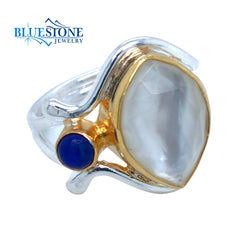 Silver & Gold Ring with Mother of Pearl and Blue Opal- Size 9