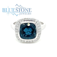14kt White Gold Ring with London Blue Topaz and Diamonds- Size 7