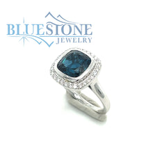 14kt White Gold Ring with London Blue Topaz and Diamonds- Size 7