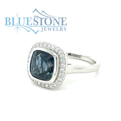 14kt White Gold Ring with London Blue Topaz and Diamonds- Size 7