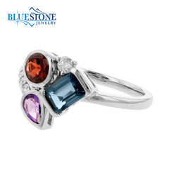 14kt White Gold Ring with Garnet, Topaz and Amethyst- Size 7