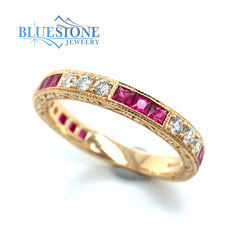 18K Yellow Gold Ring with Rubies and Diamonds- Size 6.75