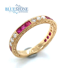 18K Yellow Gold Ring with Rubies and Diamonds- Size 6.75