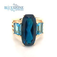 14kt Yellow Gold Ring with London Blue and Swiss Blue Topazs- 8