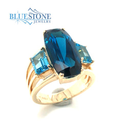14kt Yellow Gold Ring with London Blue and Swiss Blue Topazs- 8