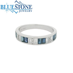 14 Karat White Gold Ring with Emerald Cut Sapphires and Diamonds*Size 6.75