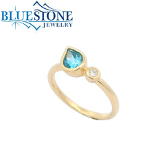 14K Yellow Gold Bezel Set Ring with Blue Topaz and One Diamond- Size 6.75