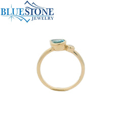 14K Yellow Gold Bezel Set Ring with Blue Topaz and One Diamond- Size 6.75