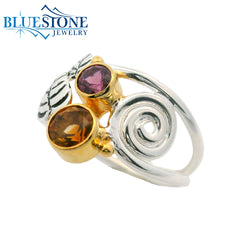 Silver & Gold Garden Ring with Cirtine and Garnet- Size 7