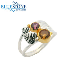 Silver & Gold Garden Ring with Cirtine and Garnet- Size 7