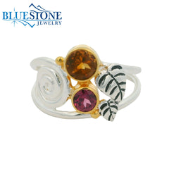 Silver & Gold Garden Ring with Cirtine and Garnet- Size 7