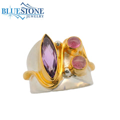 Silver & Gold Amethyst and Pink Tourmaline Ring- Size 7