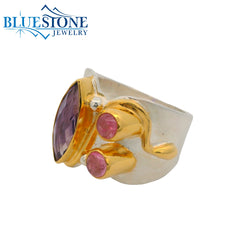 Silver & Gold Amethyst and Pink Tourmaline Ring- Size 7