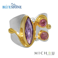 Silver & Gold Amethyst and Pink Tourmaline Ring- Size 7