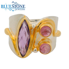 Silver & Gold Amethyst and Pink Tourmaline Ring- Size 7