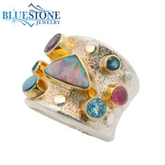 Silver & Gold Ring with Opal, Topaz, Tourmaline and Garnet- Size 7