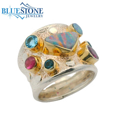 Silver & Gold Ring with Opal, Topaz, Tourmaline and Garnet- Size 7
