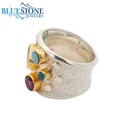 Silver & Gold Ring with Opal, Topaz, Tourmaline and Garnet- Size 7