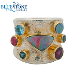 Silver & Gold Ring with Opal, Topaz, Tourmaline and Garnet- Size 7