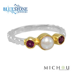 Silver & Gold Ring with Pearl and Rhodilite Garnets- Size 7