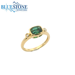 14KYG Ring w/ Bezel Set Green Tourmaline & Diamonds - Sz. 6.75