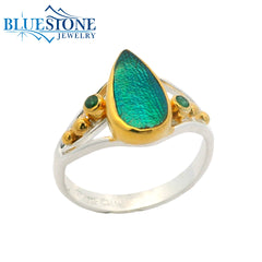 Silver and Gold Ring w/ Beetle Wing & Emeralds- Size 8