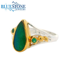 Silver and Gold Ring w/ Beetle Wing & Emeralds- Size 7