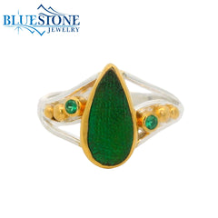 Silver and Gold Ring w/ Beetle Wing & Emeralds- Size 8
