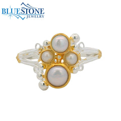 Silver and Gold Ring with Pearls- Size 7