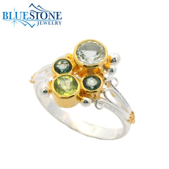 Silver & Gold Ring with Green Amethyst, Peridot and Topaz- Size 7