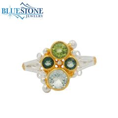 Silver & Gold Ring with Green Amethyst, Peridot and Topaz- Size 7